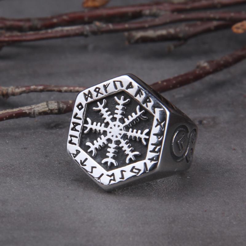

Viking Compass Vegvisir Aegishjalmur Runic Statement Ring Mens Vintage Nordic Viking Odin Biker Rings Jewelry