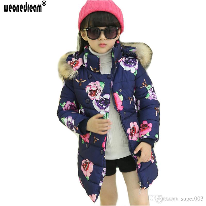 

2018 Fashion Medium-long Winter Coat for Girls Children Clothing Big Girls Printed Cotton-padded Jacket with Fur Hood, Pink
