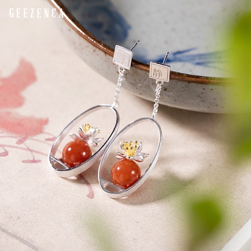 

925 Sterling Silver Nanjiang Red Agate Lotus Drop Earring Ethnic Vintage Original Design Flower Earrings Fine Jewelry Women