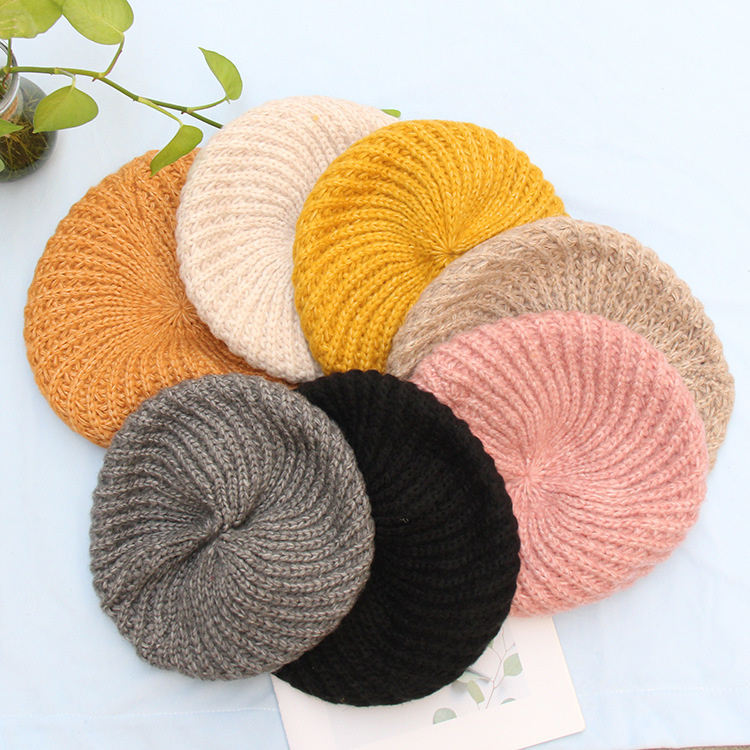 

FUFAN034 Girls Winter Knitted Beret Cap Round Women Thick Warm Cotton Hat Artist Pumpkin Hat Gorros, 001