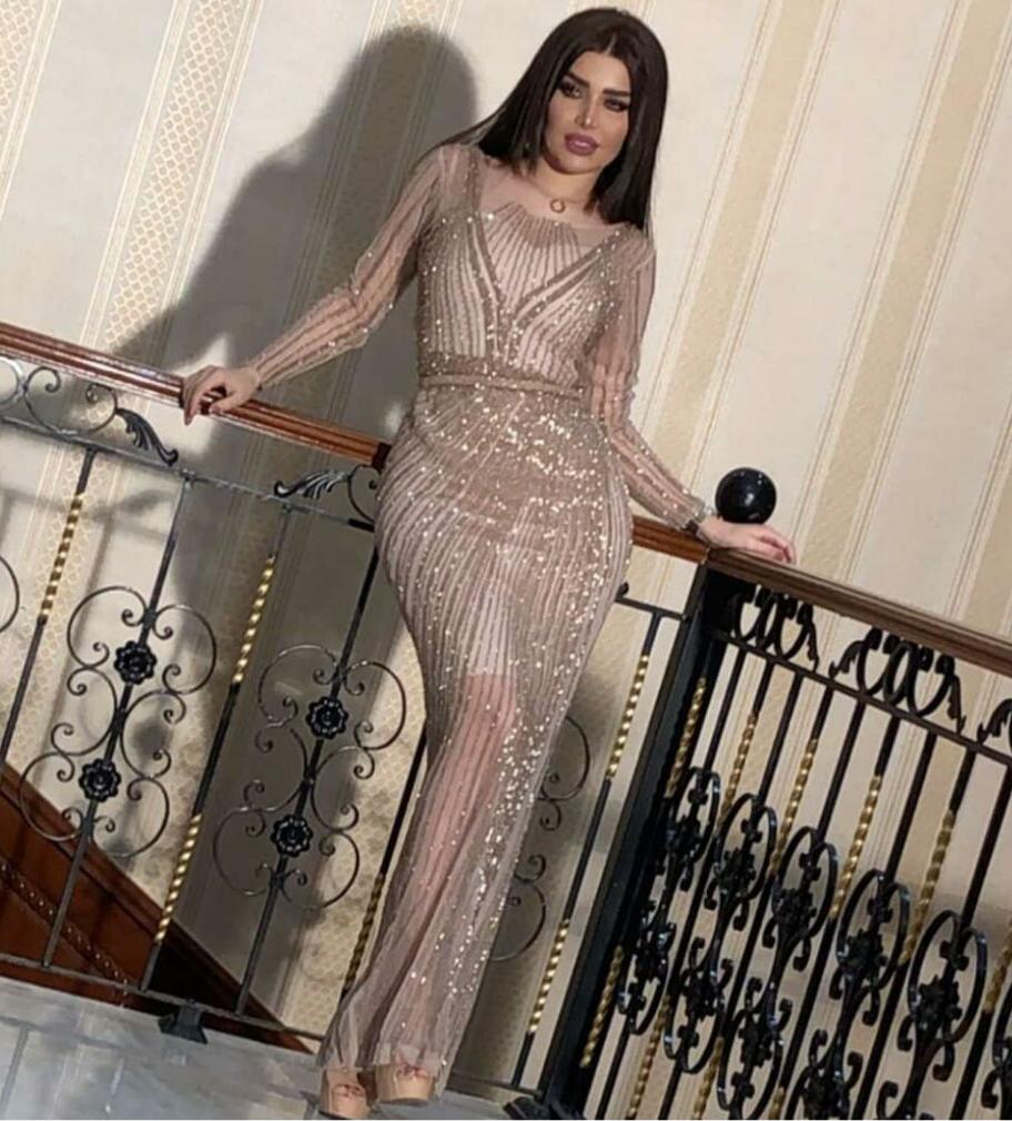 Evening dress Yousef aljasmi Kendal Jenner Women dress Kim kardashian Mermaid V-neck Silver Bling Sheath Long sleeve-image-584664801