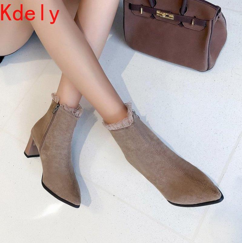 

Autumn Winter Boots Women 2020 PU Round Toe Mid-heel Plus Velvet Fashion Thick-heeled Ladies Boots Bota Feminina, Beige
