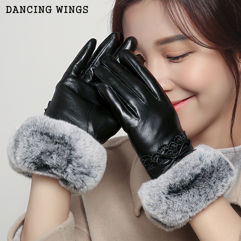 

Winter warm leather gloves plus velvet lace bow rex fur riding gloves ladies touch screen sheepskin mittens