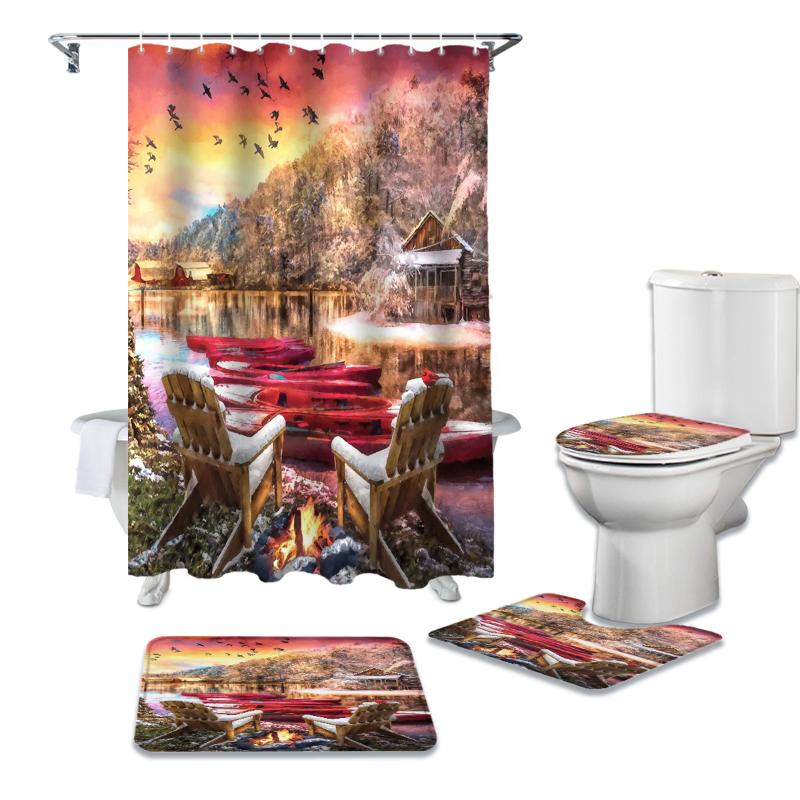 

Christmas Winter Lake Vessel Shower Curtain Bathroom Decor Waterproof Shower Curtain Set Bathroom and Rug Sets