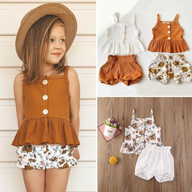

Summer Kids Baby Girl Sleeveless Knitted Tops Dress+Shorts Pants Clothes Set, Flower