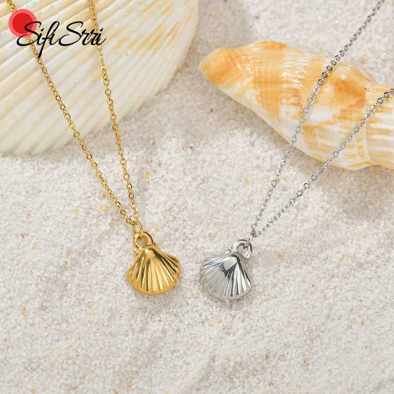 

Sifisrri Simple Design Shell Pendant Necklace Stainless Steel Chain Necklaces Collar For Women Summer Beach Jewelry Holiday Gift
