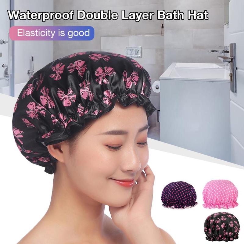 

Adjustable Shower Cap Printed Chiffon Satin Bonnet Hair Styling Cap Waterproof Double Layer Bath Hat Sleep Hat