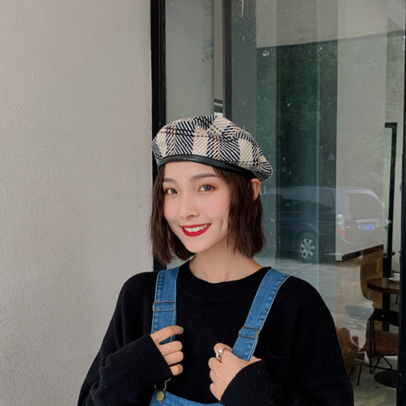 

Four seasonsTemperament Plaid hat girl Beret thin breathable British retro painter hat Japanese versatile pumpkin, Beige