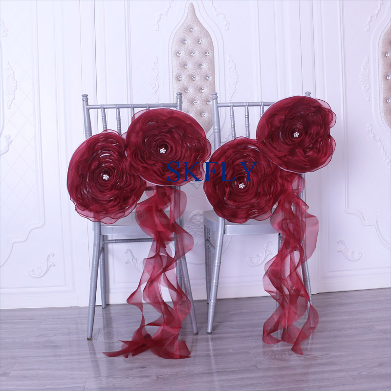 

SH091A nice wedding decoration nice Christmas burgundy organza flower curly willow frilly chair sash with crystal