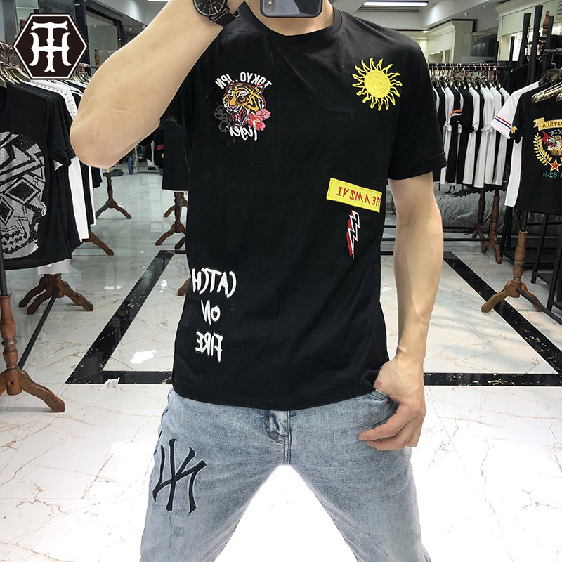 

2020 paragraph men's T-shirt trendy short-sleeved T-shirt men's mercerized cotton printed embroidered short-sleeved men's T-shirt, White;black