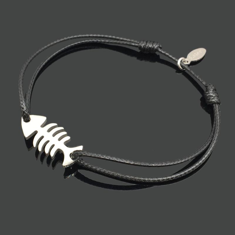 

Fish Bone Stainless Steel Charm Wish Cord Bracelet Fish Animal Pendant Adjustable String Gift Bracelet