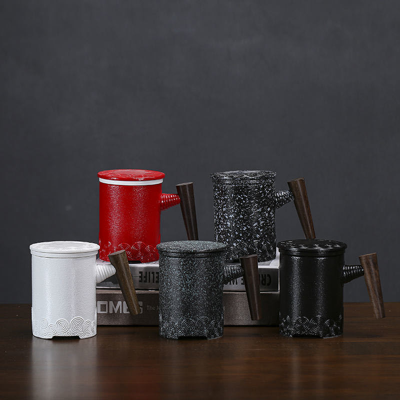 

Retro Ceramic Water Cup Cup Filter Separation Office with Lid Stoneware Mug Gift Gift, Black white glaze