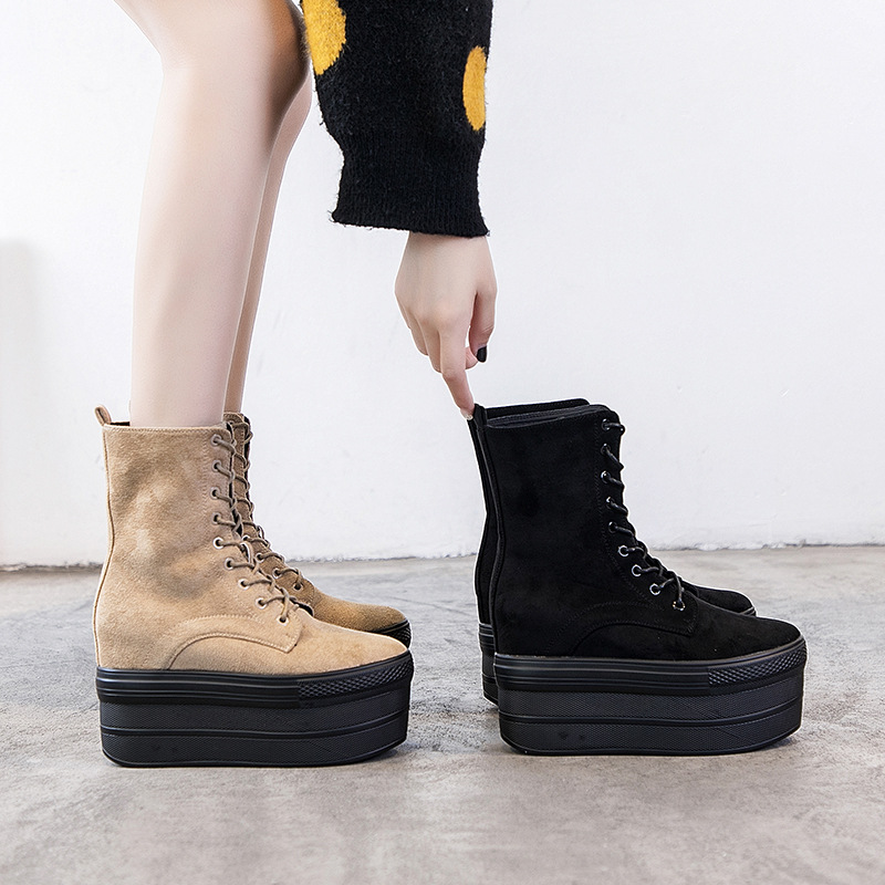 

SWYIVY Microfiber Height Increased Women Winter Shoes Mid Calf 2020 Autumn Short Plush Platform Boots For Women Warm Snow Boots, Black