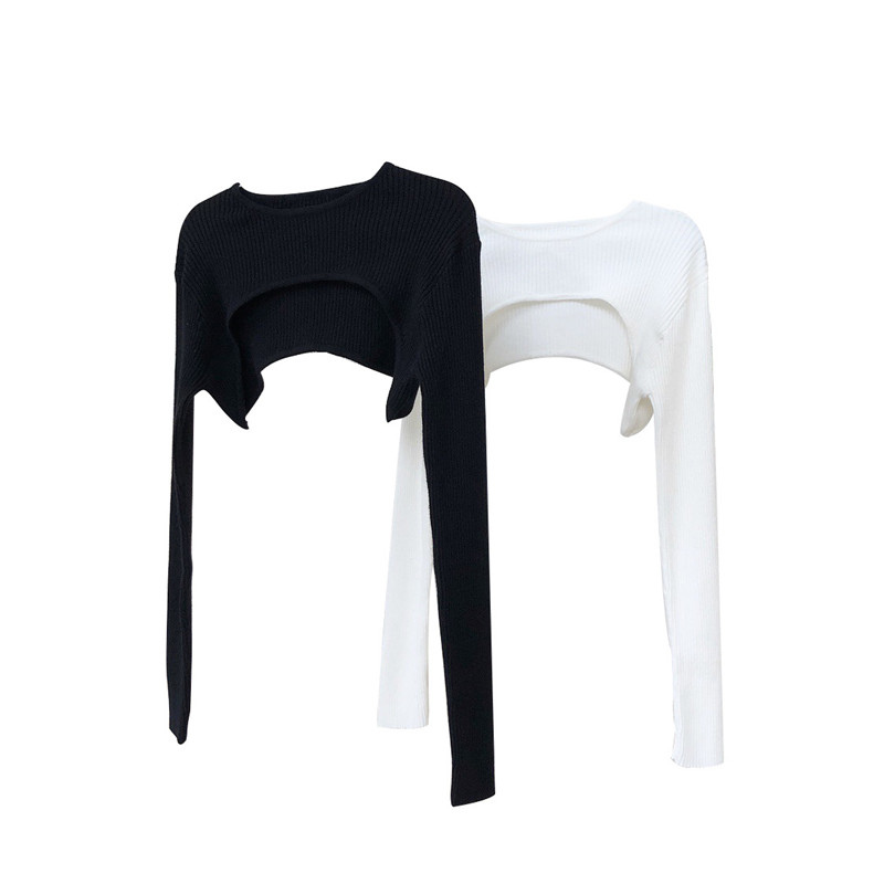 

Autumn Fashion Arc Hem High Waist Knitwear Slimming Round Neck Long Sleeve Simple Solid Color Small Shawl Pullover Top for Women, Black