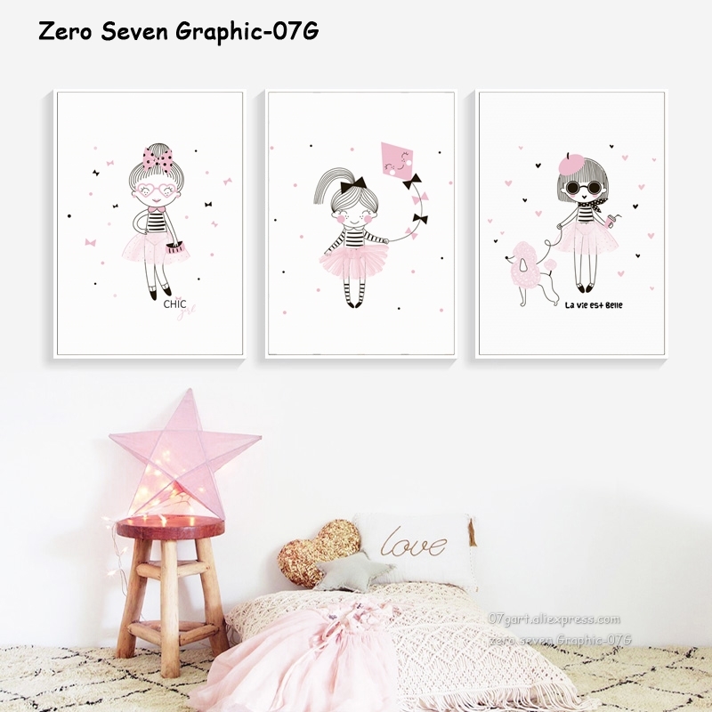 

Nordic Pink Cute Fashion Super Girl With Doggy Wall Art Pictures Canvas Painting Print Poster Baby Girls Room Decoration