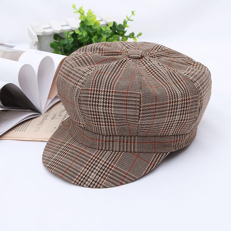 

Fibonacc New Fashion Girls Hat Retro Cotton Plaid Newsboy Caps European Style Adjustable Women Octagonal Cap Painter Berets, Black