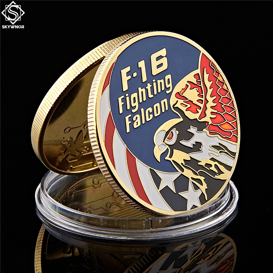 American F-16 Fighting Falcon Metal Military Coin Craft USA Eagle 1oz Gold Plated Air Force Challenge Badge Medal-image-581610242