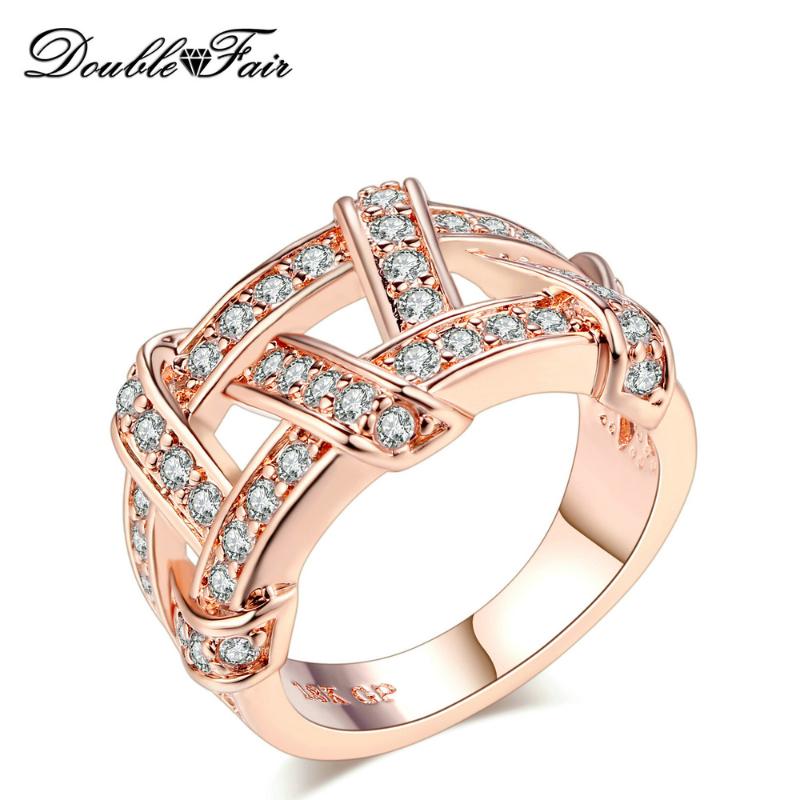 

Double Fair Brand Anti Allergy Crystal Ring White/Rose Gold Color Fashion Brand Party Jewelry For Women HotSale DFR284 DFR285