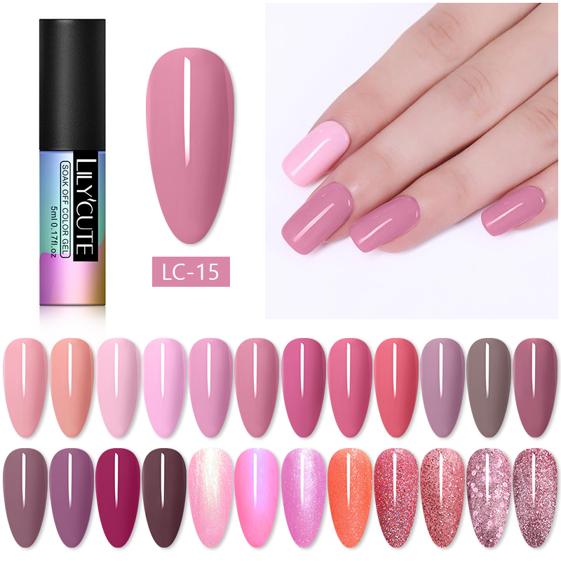 

LILYCUTE UV Gel Nail Polish Pink Color Series 5ml Semi Permanent Soak Off UV LED Gel Nail Polish Base Coat Top Coat, 132