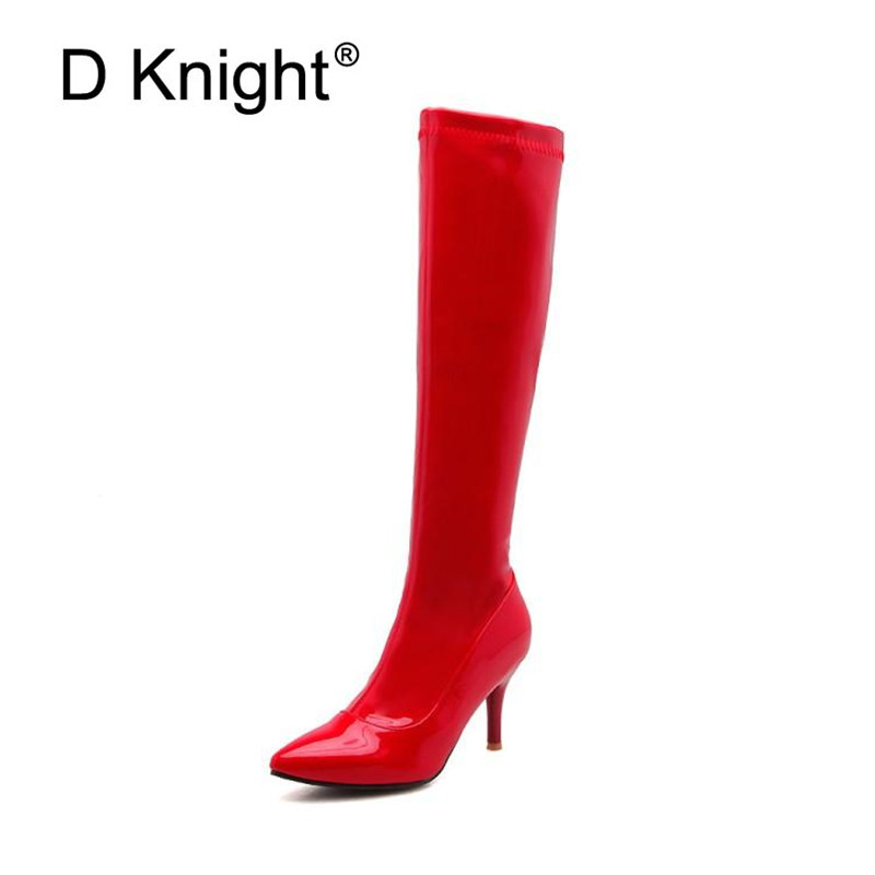 

Fashion Japanned Leather Side Zip Platform High Heels Knee High Boots Sexy Steel Pipe Dance Boots Big Size 32-46 Long Shoe, White p25