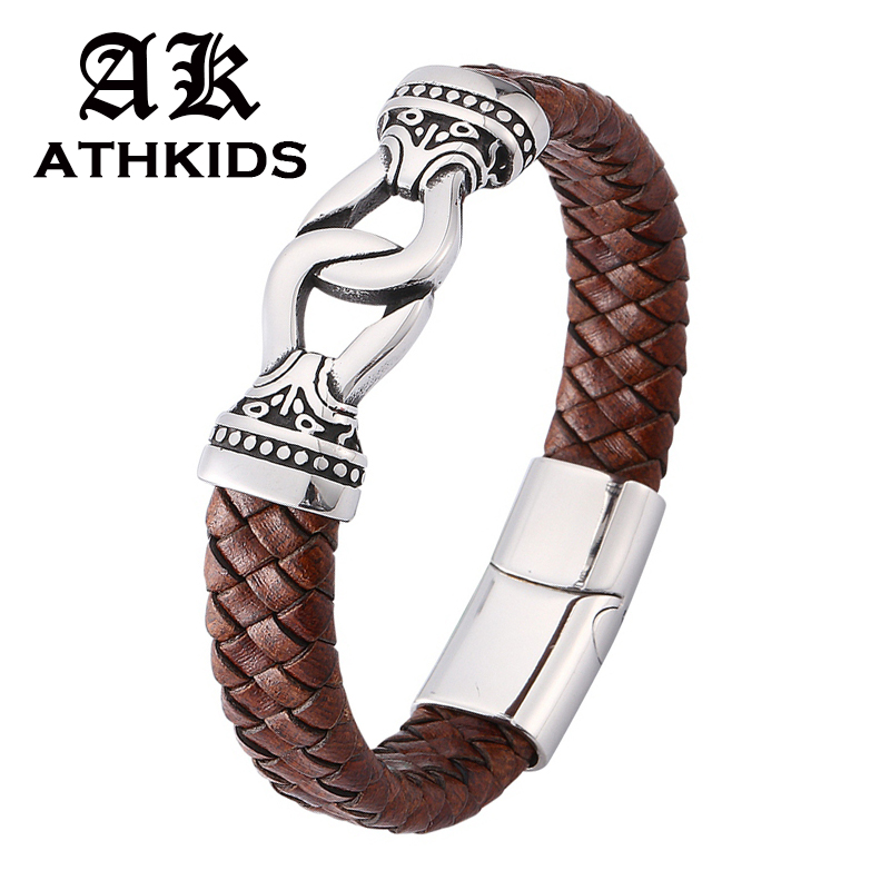 

Fashion Brown Braided Leather Charm Bracelet Men Jewelry Stainless Steel Magnet Buckle Male Leather Bangle Gifts PD0170