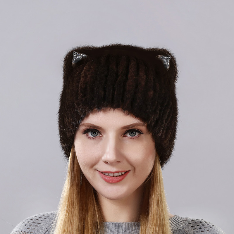 

Winter Cute Cat Ears Square Cap With Sequins Warm Hat For Women Real Natural Vertical Weaving Winter Hat, 001
