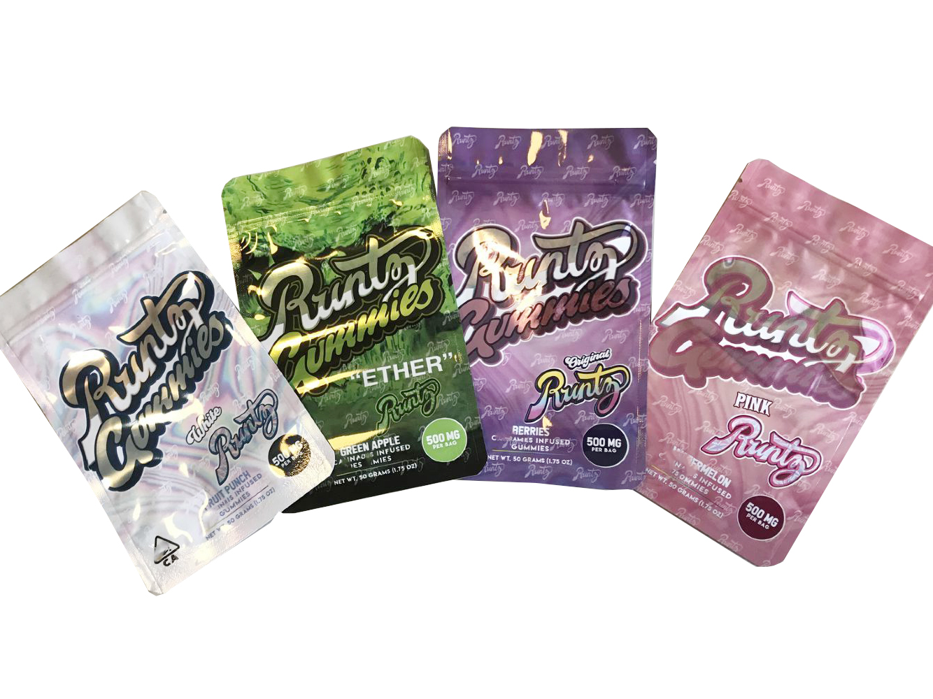 

EMPTY Runtz Gummies ETHER Green Apple bag White Runtz Fruit Punch Original Berries Pink Runtz Watermelon Infused Gummies bag Packaging