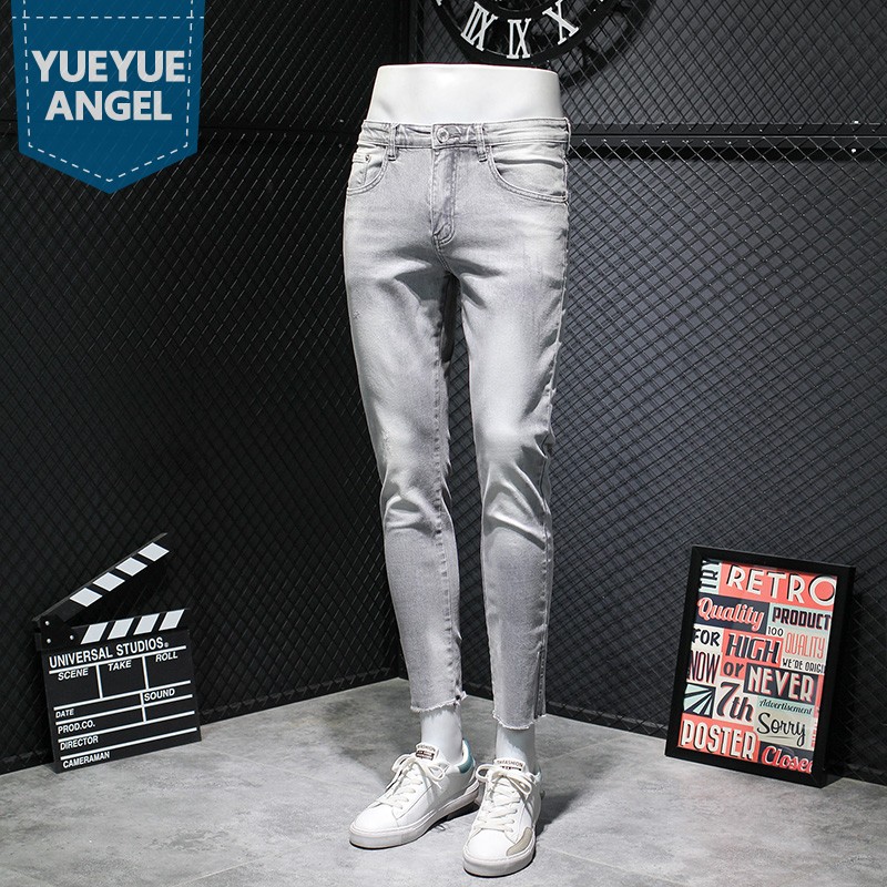 

Vintage Gray-White Jeans Fashion New Mens Skinny Elastic Ankle Length Denim Pants Distressed Tassel Summer Men Casual Trousers