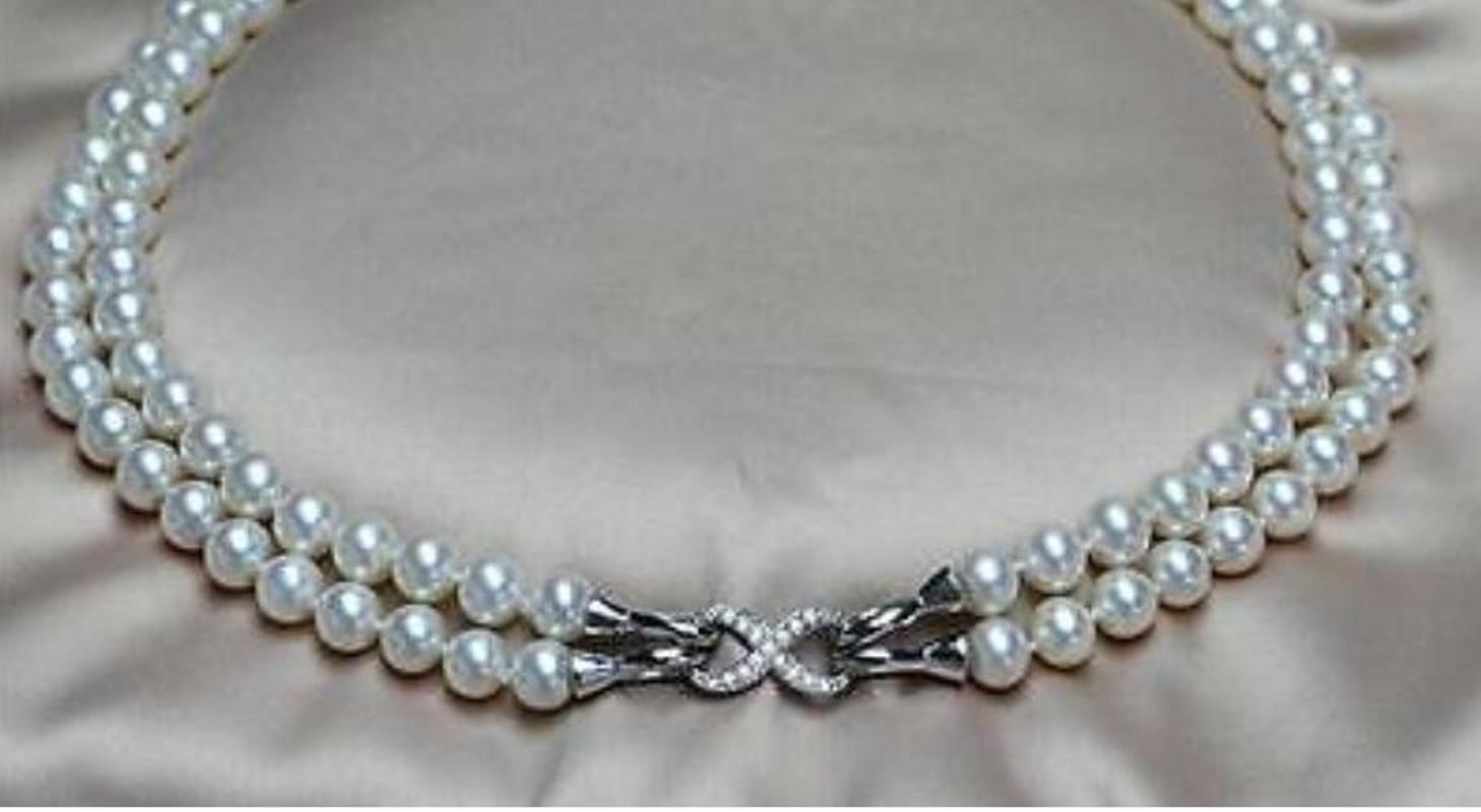 

double strands 9-10mm white round pearl necklace 18-19" 24-26