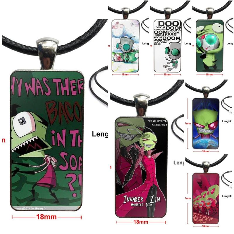 

Gir Invader Zim Fashion Glass Cabochon Pendant Necklace Women Steel Color Choker Rectangle Necklace For Women Handmade Girls