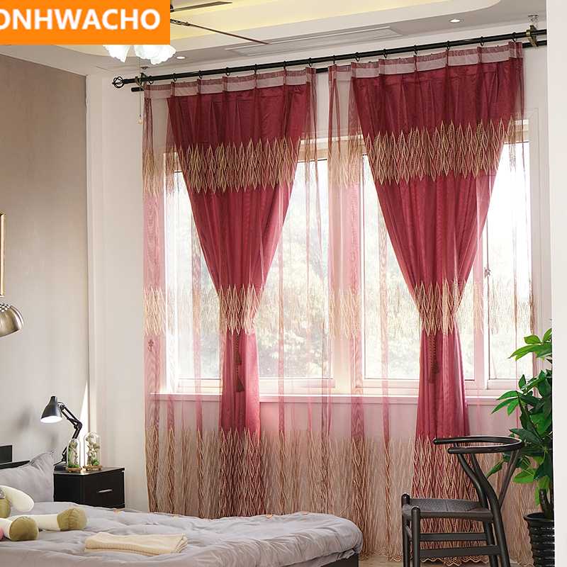 

Custom curtains Simple European Bohemia red high-grade living room embroidered cloth blackout curtain tulle valance drapes N854, Tulle sheer