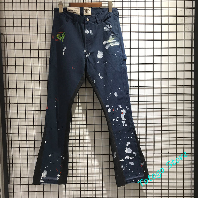 

High Street Damage hole Distressed Gallery Dept Jeans Men Women Manual Splash ink Gallery Dept Stitching Bootcut Denim Pants