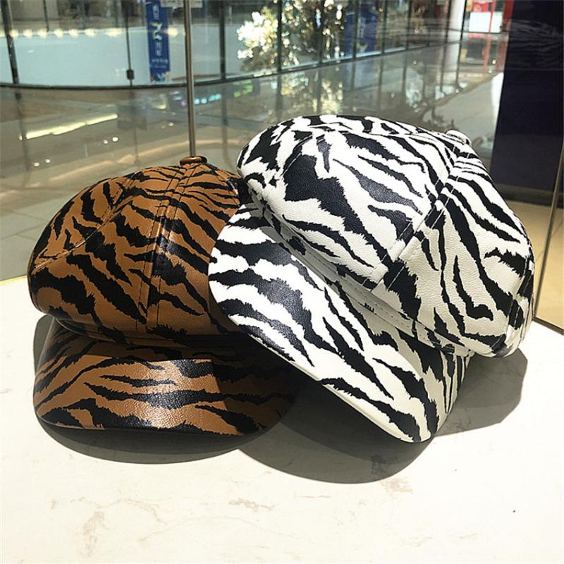 

Beret Caps Women Casual boina PU Leather Zebra Octagonal Hat Craisy Fashion Designer Korean Newsboy Cap Spring Fall Artist Hats, White