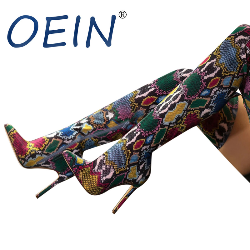 

OEIN Winter Women's Boots Warm Female Side Zipper Boots Retro Printed Shoes High Heel Over The Knee Thin Heels Snake Print Shoes