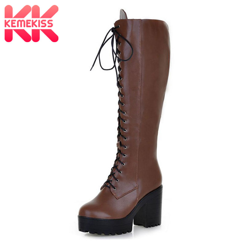 

KemeKiss New Women Knee Boots Thick Heels Platform Woman Shoes Winter Warm Fashion High Heels Botas Women Footwear Size 34-43, Black