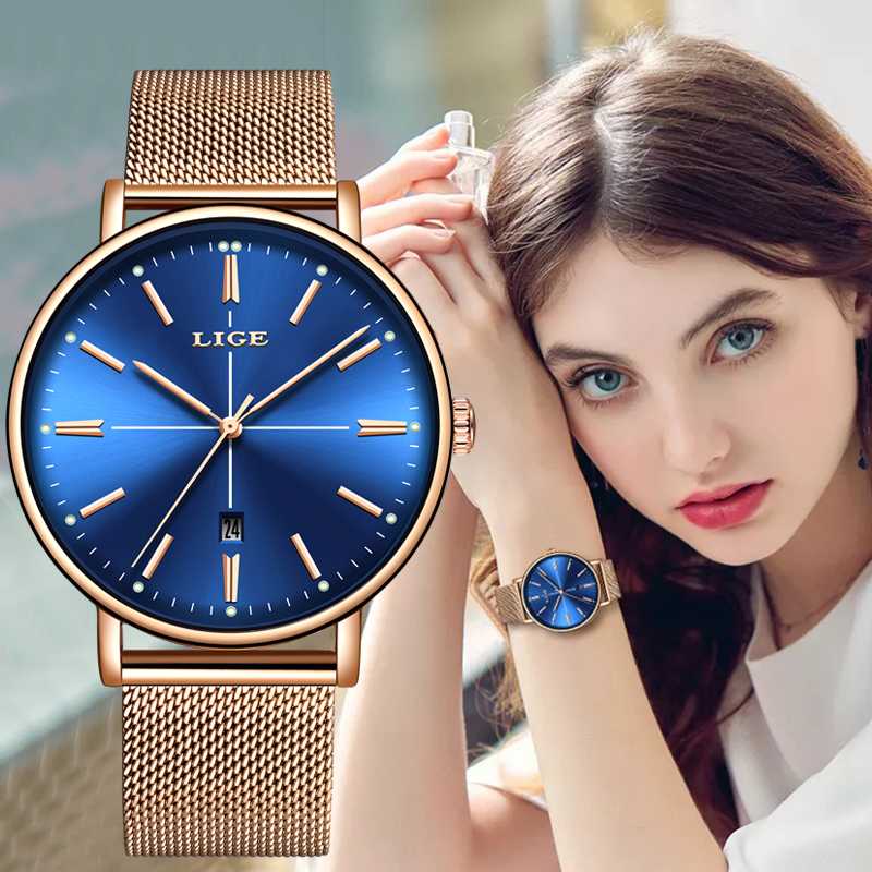 

Wristwatches 2021 LIGE Rose Gold Blue Table Womens Business Quartz Watch Ladies Brand Top Luxury Girl Clock Relogio Feminino, Black