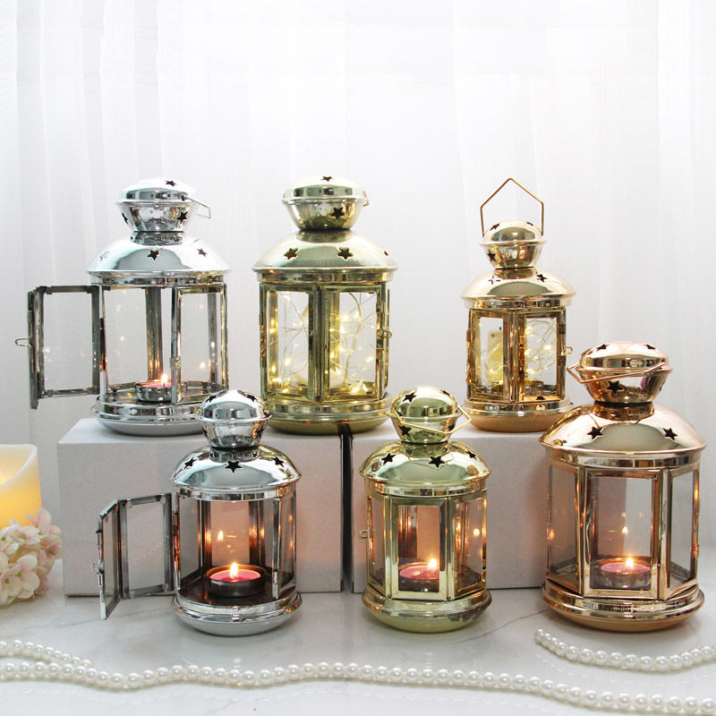 

Lantern Candlestick Holder Wedding Lamp Europe Iron Windproof Candle Holder Golden Porta Velas Metal Decoration Stands MM50ZT