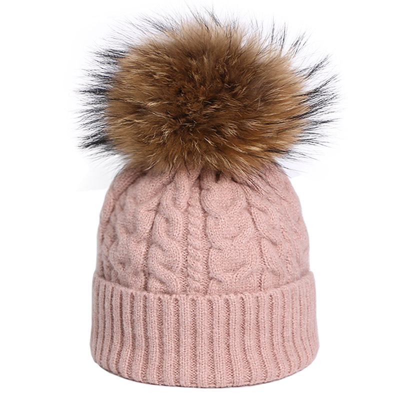 

Natural 100% Fur Pompom Wool Winter Hat for Women Girls Knitted Skullies Beanies warm Raccoon fur Pom pom Hat Ski bonnet femme, Blue