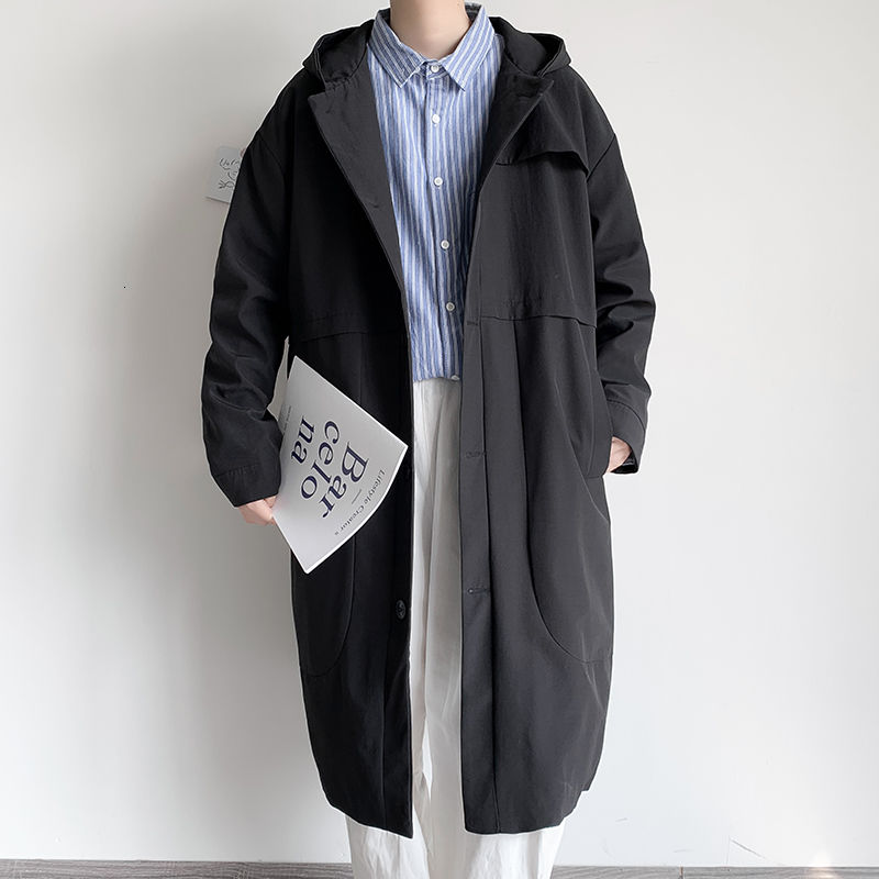 

autumn windbreaker temperament long hooded men's loose thin trench coat zipper jacket for men, Black