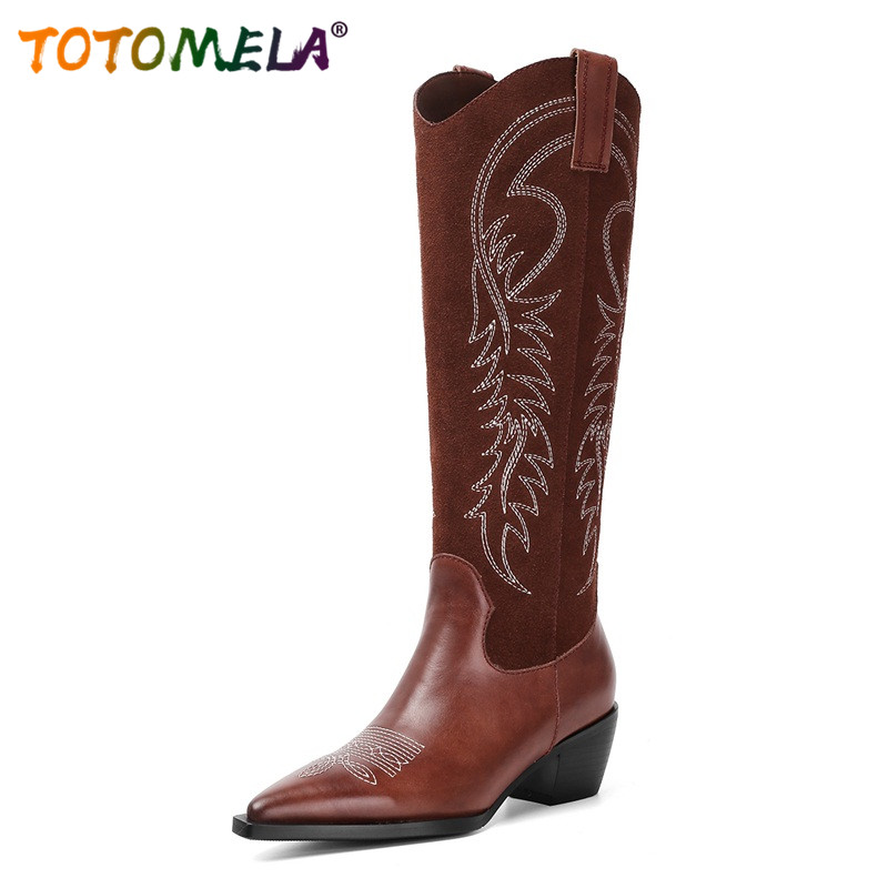 

TOTOMELA 2020 new style super Genuine Leather knee-high women boots Pointed toe spring autumn 5.5cm heels hight ladies boots, Black