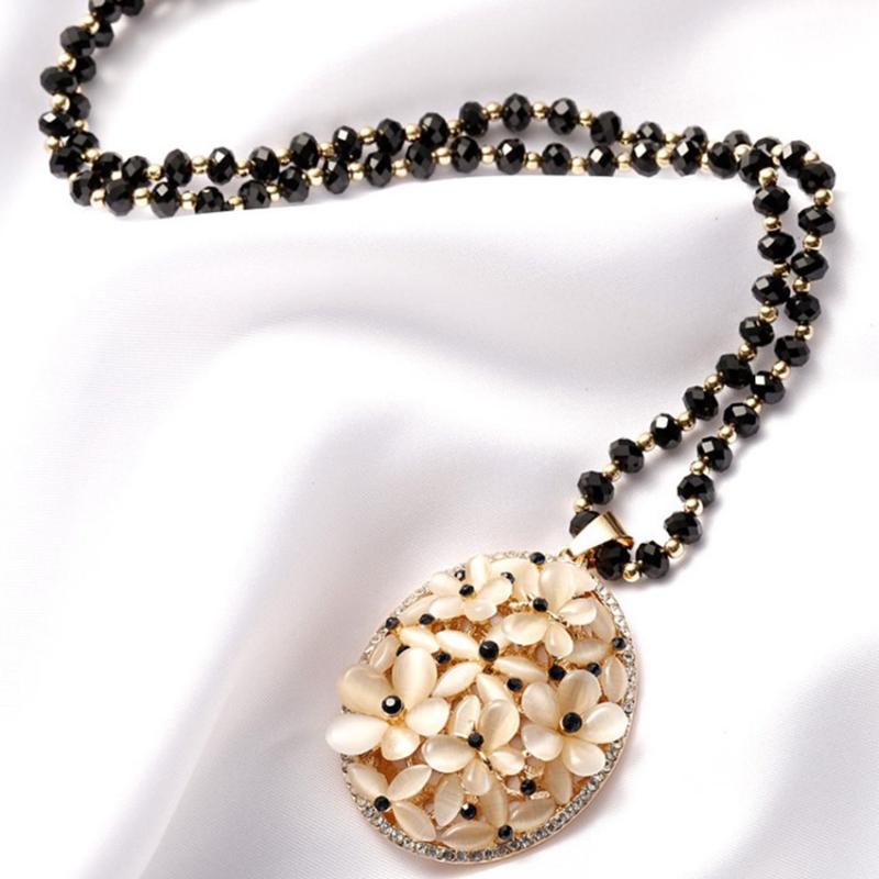 

FYJS Unique Light Yellow Gold Color Layer Flower Cat Eye Stone Pendant Long Beads Chain Necklace Fashion Jewelry