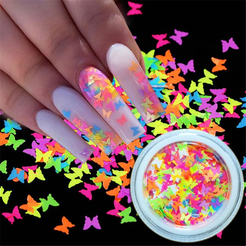 

1 Box Colorful Fluorescence Butterfly Shape Heart Shape Nail Art Glitter Flakes 3D Neon Sequins Polish Manicure Nail Decoration