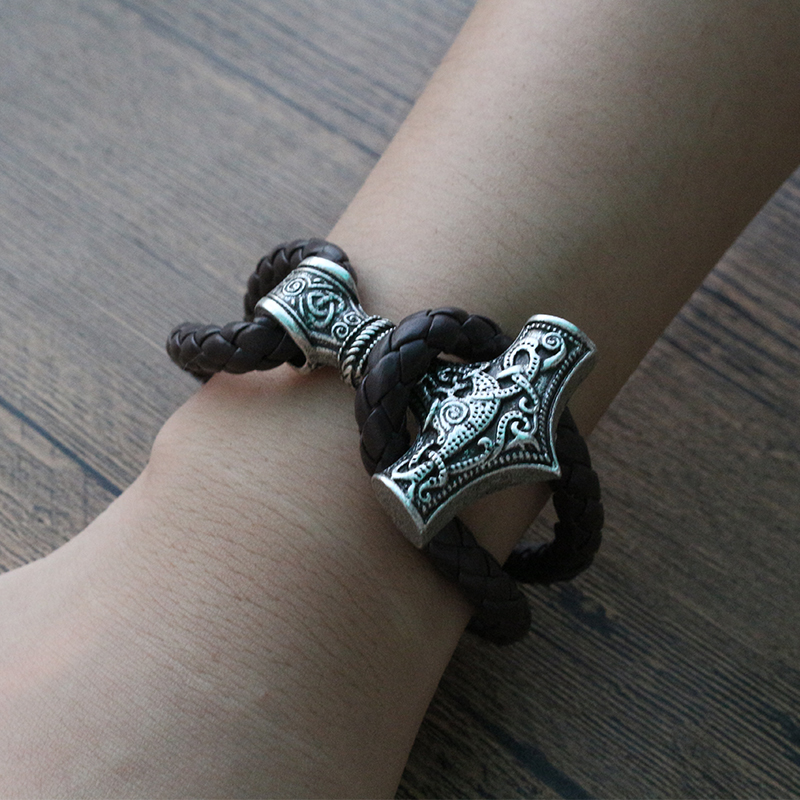 

10pcs 1pcs viking men bracelet Leather Cuff Viking Leather Wrist Cuff mjolnir hammer Bracer Stainless Steel Magnetic Clasp