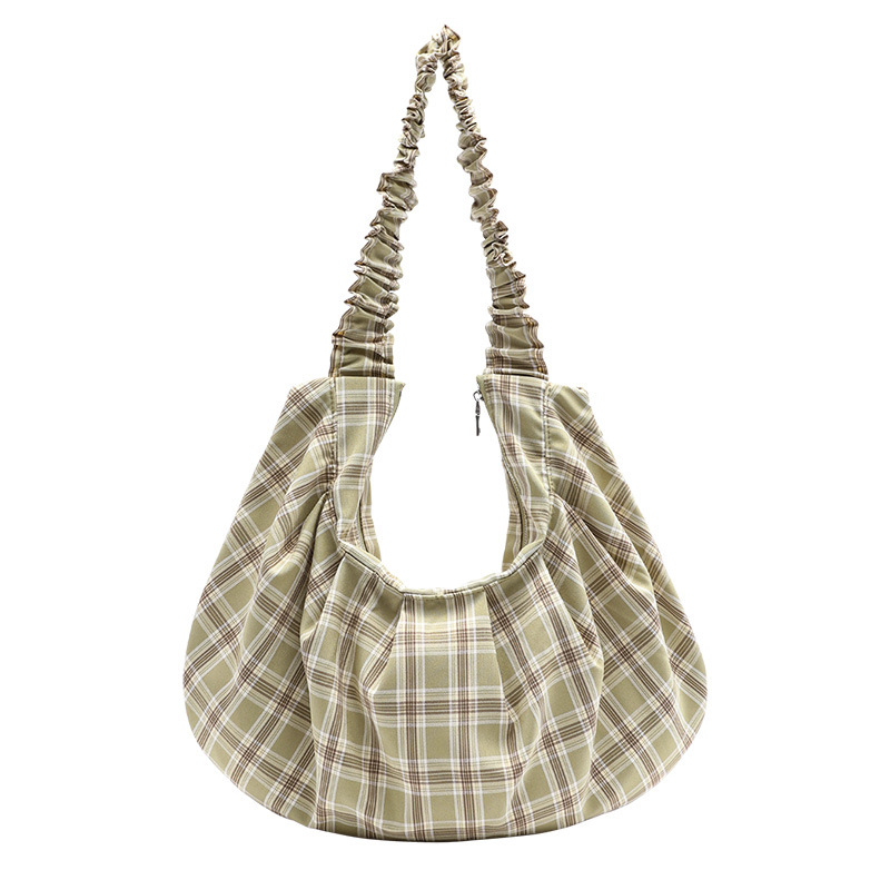

Simple canvas handbag wild small fresh art casual retro plaid folding shoulder bag, Army green