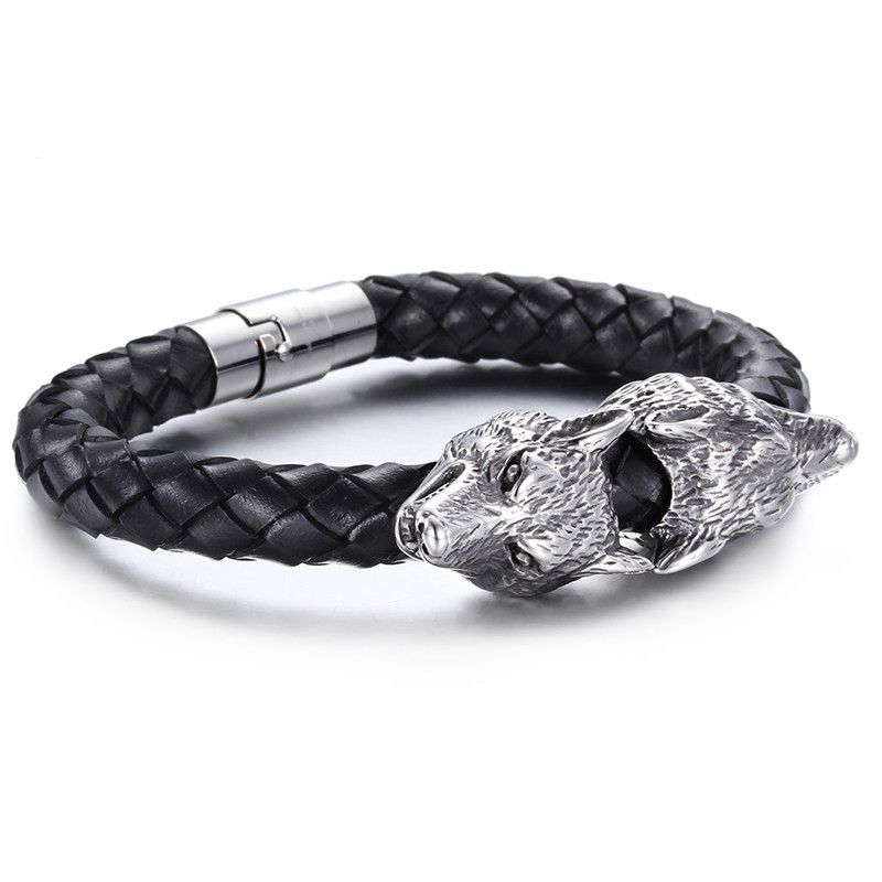 

New Fashion Handmade Braided Leather Bracelet 21cm Double Wolf Heads Charm Men's Bracelets Cheap Rock Gifts For Boyfriend