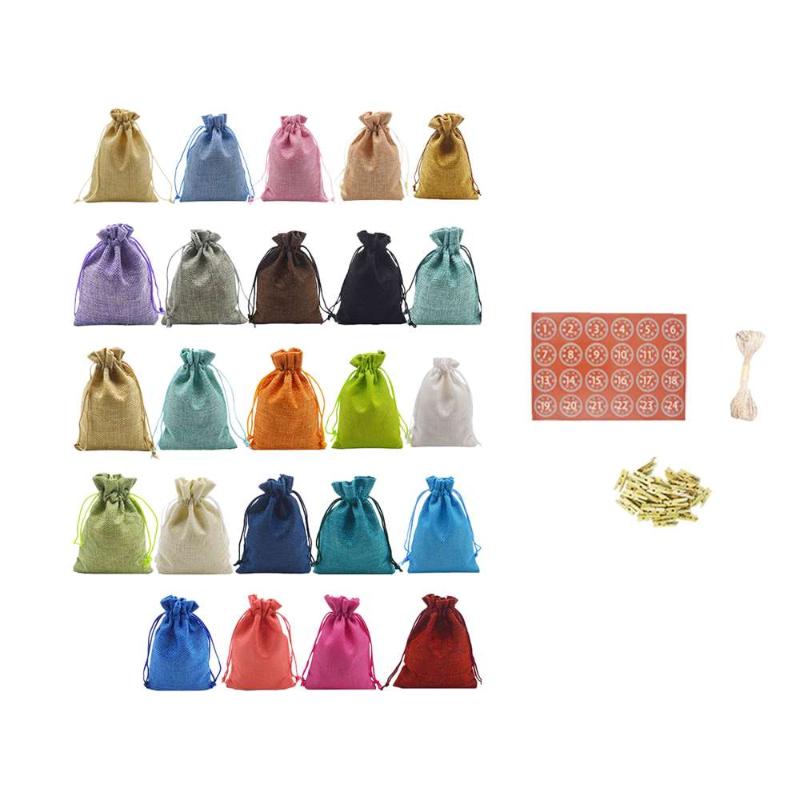 

Christmas 2020 Advent Calendar 24 Days Hanging Drawstring Candy Bag with Sticker Material: Linen Color:Random