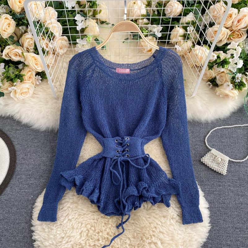 

Chic Women's New Fashion Sweet Wooden Ear High Waist Slim Sweater Lady Round Neck Long Sleeve Solid Color Knit Tops H958