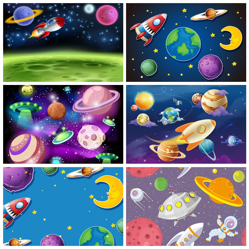 

Photo Backgrounds Spaceship Baby Cartoon Planet Star Moon Birthday Party Portrait Photography Backdrops Photocall Photo Studio