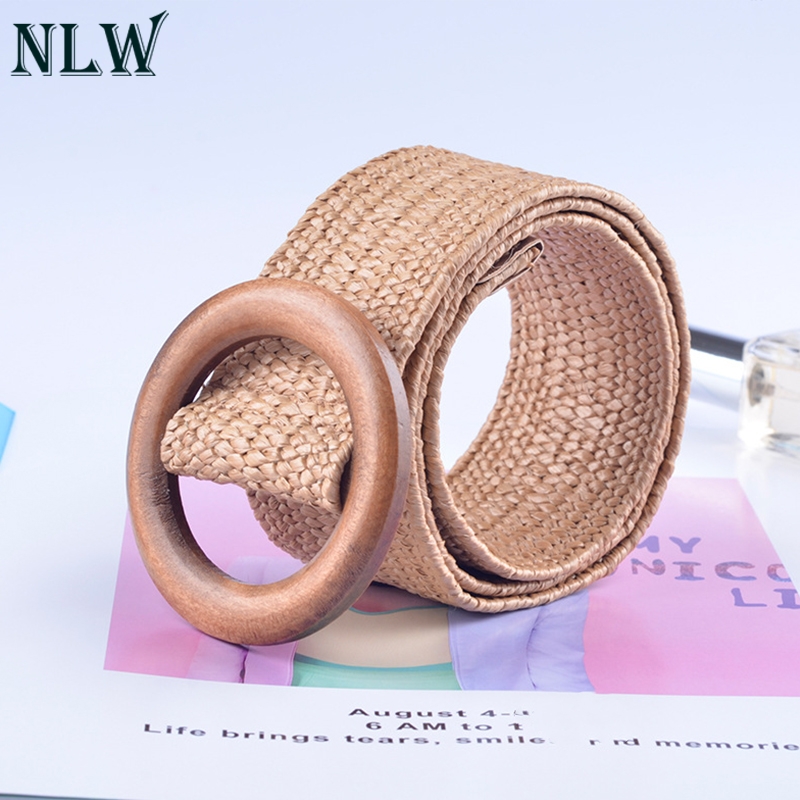 

NLW Casual Female Belt Accessories Wooden Button Belt For Women Elastic Straw Decoration for Dress, Beige