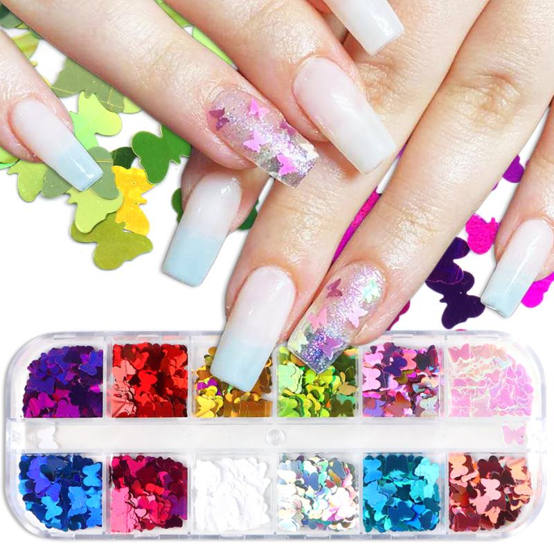 

12 Grid 3D Butterfly Nail Sequins Holographic Mirror Slice Colorful Ultrathin Sparkly Flake Laser Foil Nail Art Decoration LYDHD
